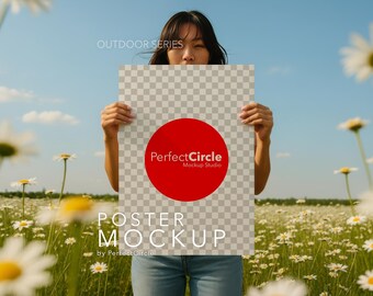 May include: A poster mockup held in front of a person in a field of daisies. The poster has a red circle with the text "PerfectCircle Mockup Studio" and the words "POSTER MOCKUP" below. The words "OUTDOOR SERIES" are at the top.
