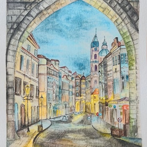 Prague street, Watercolour hand-drawn painting