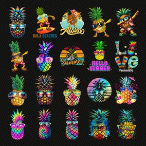 May include: A collection of colorful pineapple designs, each with sunglasses and unique expressions. Some pineapples are dabbing, surfing, or feature the text "Aloha" and "Hello Summer". The designs are vibrant and tropical, perfect for summer.