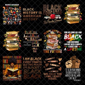 May include: A selection of graphic designs celebrating Black history and education. The designs incorporate text, book illustrations, and quotes, using a colour scheme of black, brown, and other colours.