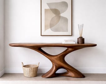 Ręcznie robiony stolik konsolowy z drewna tekowego – nowoczesny rzeźbiony stolik do przedpokoju, stolik do przedpokoju z litego drewna, meble o organicznym designie