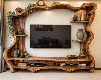 Rustic Teak Wood TV Stand Cabinet with Drawers – Minimalist Living Room Console