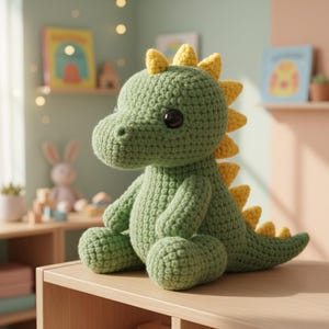 Puede incluir: Un dinosaurio de ganchillo verde hecho a mano con púas amarillas. El peluche tiene grandes ojos negros y está sentado sobre una superficie de madera. El dinosaurio es un juguete lindo y tierno.