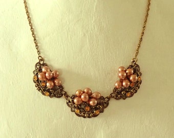 Vintage Orange Rhinestone Pink Bead Link Necklace 1940s