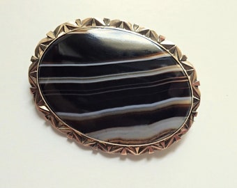 Victorian Antique Banded Agate Brooch Gold Filled