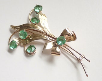 Large Vintage Green Rhinestone Flower Bouquet Brooch Gold Filled Mid Century