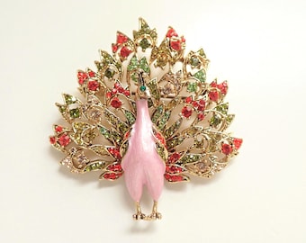 Vintage Crystal Rhinestone Pink Enamel Peacock Brooch
