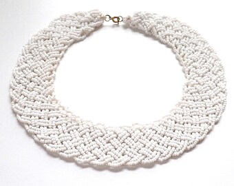 Vintage White Czech Glass Micro Bead Woven Necklace 1950s