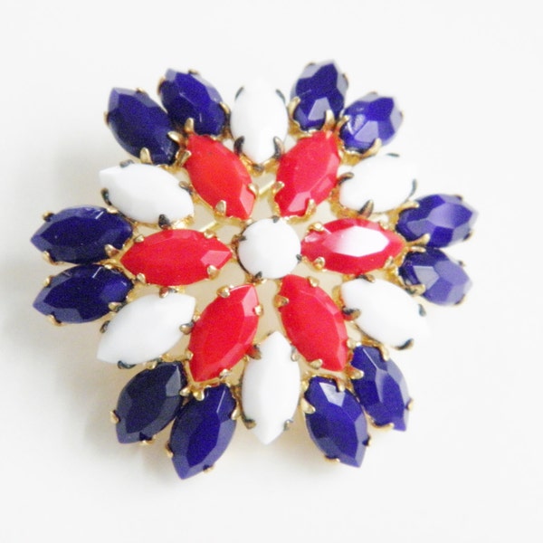 Vintage Red White Blue Rhinestone Flower Brooch