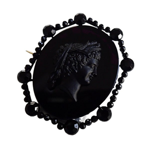 Antique Victorian Black French Jet Cameo Mourning Brooch
