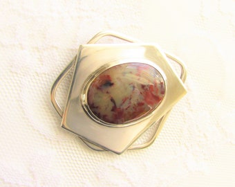 Vintage Modernist Sterling Red Plume Agate Brooch 1970s