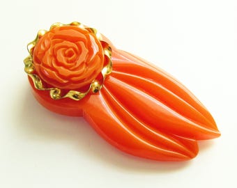 Chunky Orange Bakelite Rose Deep Carved Dress Clip 1930s Art Deco Jewelry
