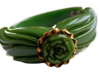 Vintage Green Bakelite Carved Rose Bangle Clamper Hinged Bracelet