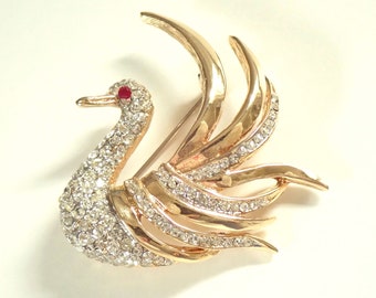 Vintage Pave Clear Rhinestone Swan Bird Brooch