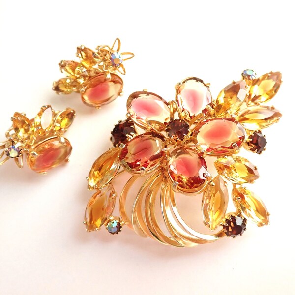 Large Vintage Givre Multi Color Rhinestone Brooch Earrings Set signed Continental