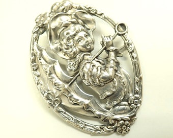 Large Victorian Lady Parasol Silver Brooch Gibson Girl 1800s