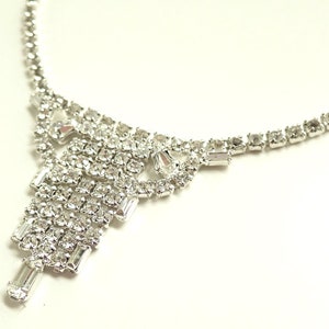 Vintage Clear Rhinestone Art Deco Bib Necklace signed Lustern Louis Stern