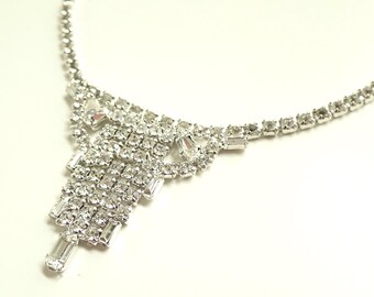 Vintage Clear Rhinestone Art Deco Bib Necklace signed Lustern Louis Stern