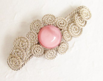 Vintage Pink Glass Moonglow Cabochon Silver Brooch 1940s