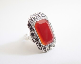 Vintage Art Deco Carnelian Marcasite Ring European 850 Silver Size 5 1/4