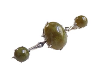 Antique Seed Pearl Green Agate Cabochon Brooch 850 Silver Edwardian