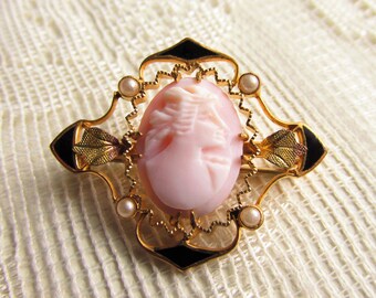 Antique Pink Angel Skin Shell Cameo Seed Pearl Black Enamel Gold Filled Brooch signed G.C.H.