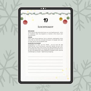 May include: A digital tablet displays a page with German text and festive decorations. The page features the number 19, the word "LEICHTIGKEIT", and several paragraphs of text. The top of the page is adorned with a garland of green leaves and red, yellow, and green ornaments.