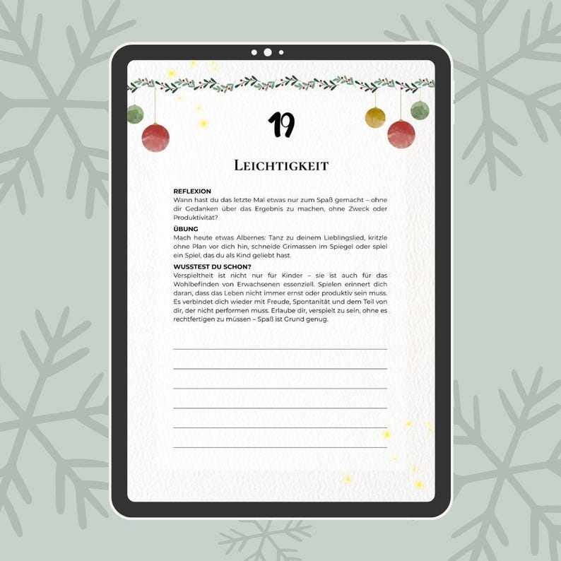 May include: A digital tablet displays a page with German text and festive decorations. The page features the number 19, the word "LEICHTIGKEIT", and several paragraphs of text. The top of the page is adorned with a garland of green leaves and red, yellow, and green ornaments.