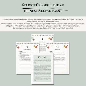 May include: A collection of printed pages with text and festive decorations. The pages include the words "SELBSTF&Uuml;RSORGE, DIE ZU DEINEM ALLTAG PASST" and "WELCOME". The pages are part of a guided Advent calendar.