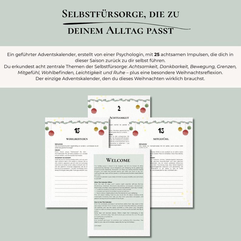 May include: A collection of printed pages with text and festive decorations. The pages include the words "SELBSTF&Uuml;RSORGE, DIE ZU DEINEM ALLTAG PASST" and "WELCOME". The pages are part of a guided Advent calendar.