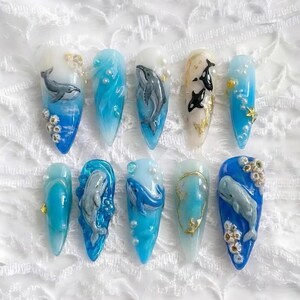 Ocean Blue Whale Press on Nails | 3D Orca Humpback Fake Nails | Water Wave Barnacle Gold Stiletto Handmade Set