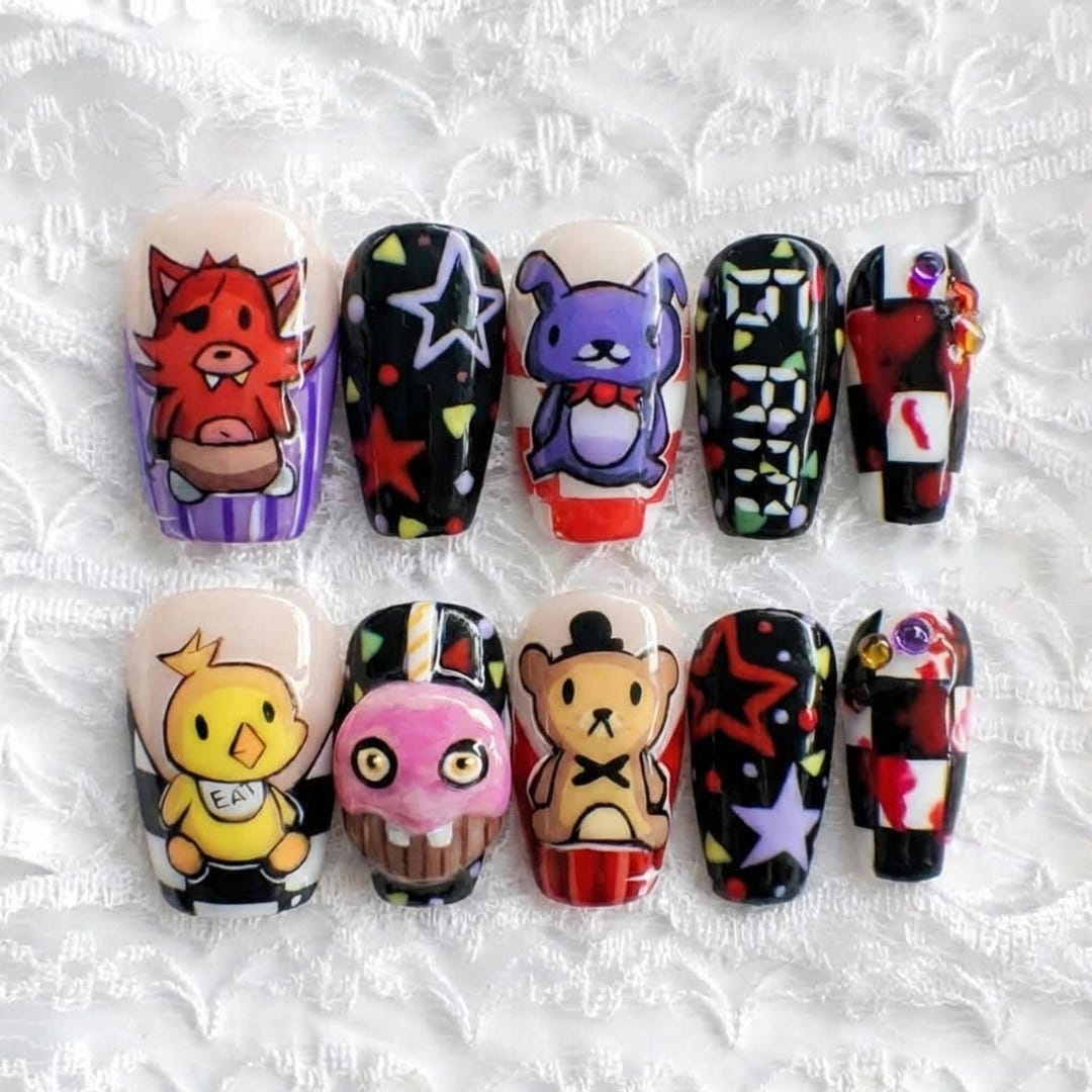 Horror Game Press on Nails | FNAF Freddy Bonnie Chica Fake Nails | 3D ...