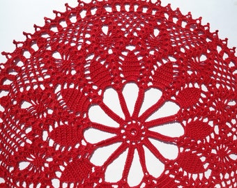 Red crochet doily, crochet lace doily, lace centerpiece, 14"