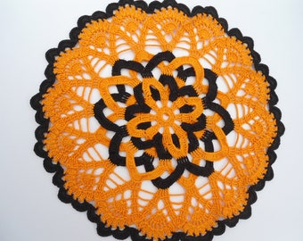 Orange and Black doily, Halloween doily, Lace doily, table decoration, 12",
