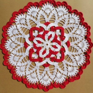 White and red crochet doily , lace doily , round , 12 inches image 1