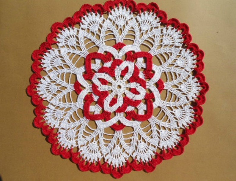 White and red crochet doily , lace doily , round , 12 inches image 1