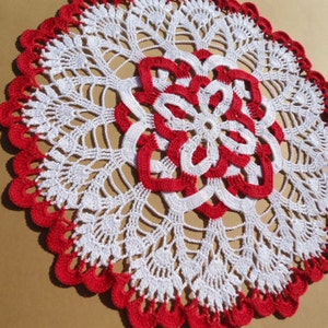 White and red crochet doily , lace doily , round , 12 inches image 4