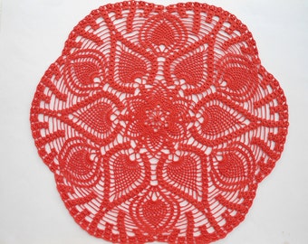 Red crochet doily, pineapple tablecloth, crochet centerpiece,"large doily,  19 inches