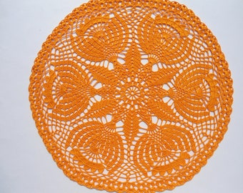 Orange crochet doily, orange lace doilies, crochet centerpiece, large doily, 17"