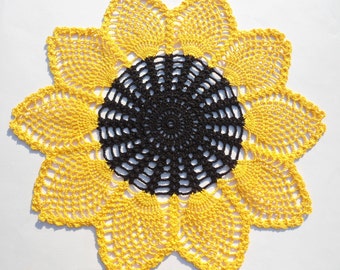 Crochet doily sunflower, Sunflowerlace doily, 14", yellow and Black crochet doilies
