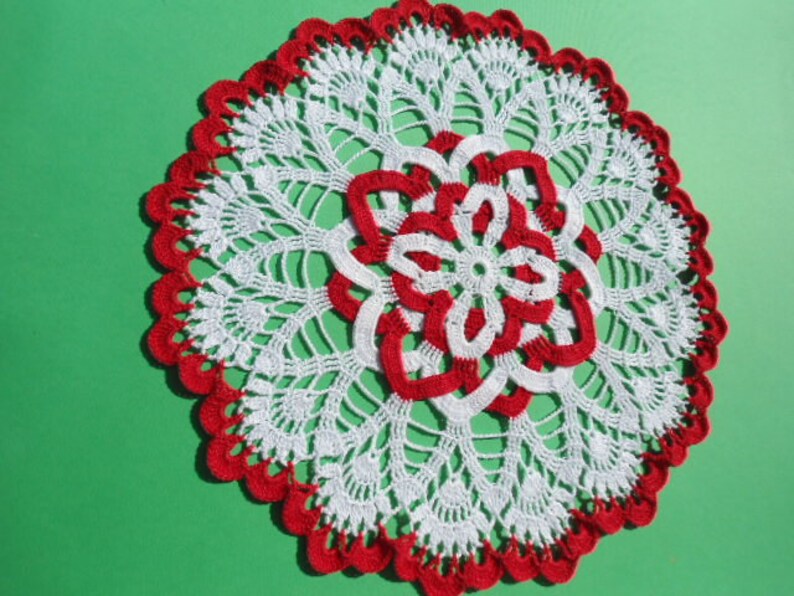 White and red crochet doily , lace doily , round , 12 inches image 5