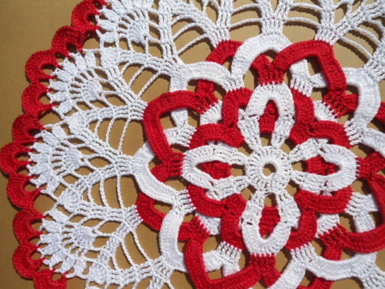 White and red crochet doily , lace doily , round , 12 inches image 2