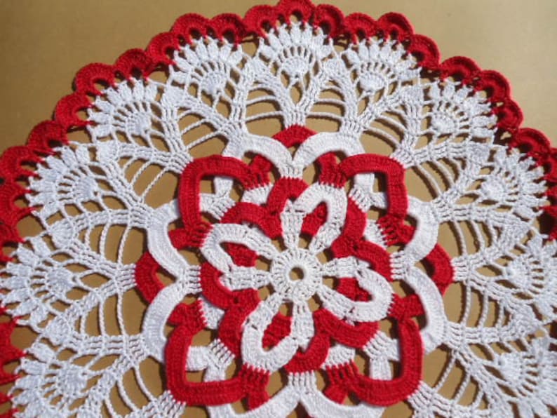 White and red crochet doily , lace doily , round , 12 inches image 3