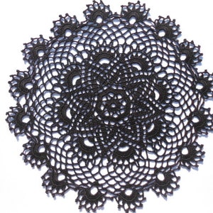 Black crochet doily , 13 " , round doily , black lace