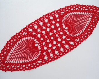 Oval crochet doily, red crochet doilies, pineapple crochet doily, crochet table runner, 23" x  9"