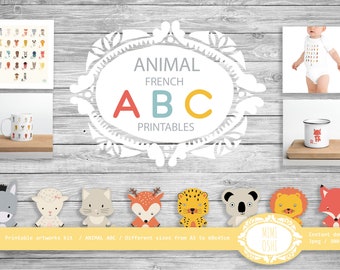 ABCdaire français animalier, abécédaire digital à imprimer, affiche à imprimer, motif pour mug, t-shirt, body. Ecole, Chambre d'enfant