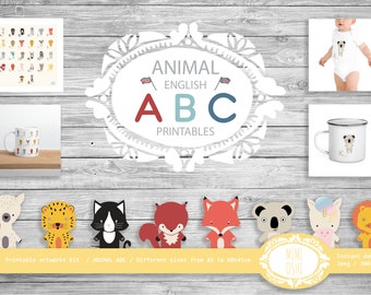 English ABC printable, Digital download, animal abc print, print on demand designs, abc print, classroom abc wall art, nursery decor