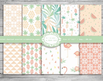 Exotic pastel : Pack de papier digital pour scrapbooking / 10 motifs assortis / Flamant rose et ananas