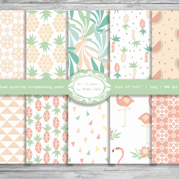 Exotic pastel : Pack de papier digital pour scrapbooking / 10 motifs assortis / Flamant rose et ananas