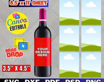 May include: A wine label template with a black wine bottle featuring a red label that says "YOUR DESIGN HERE." The template includes six label designs, and the text "750ML WINE LABEL TEMPLATE" and "8.5" x 11" SHEET" are visible.